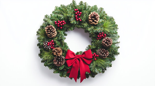 A beautifully crafted round Christmas wreath designed for door decoration, featuring lush green foliage adorned with bright red berries, rustic pinecones, and a large elegant red bow at the bottom. 