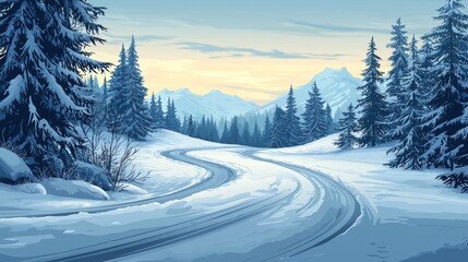 Fototapeta premium Winding Road Through Snowy Landscape at Dawn