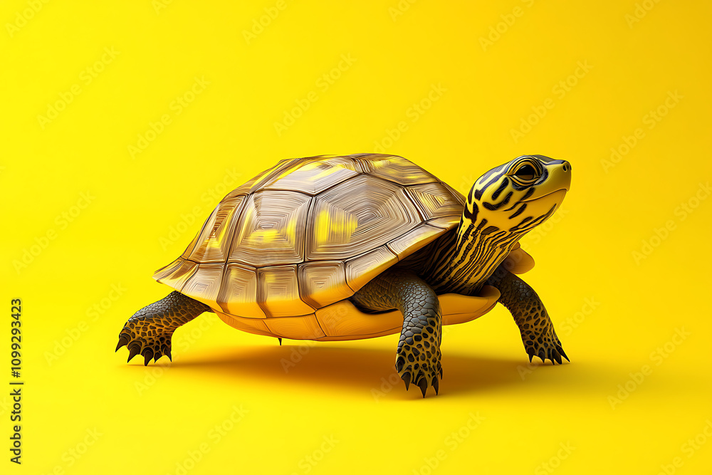 Poster a realistic turtle on a bright yellow background, showcasing its unique shell and features.