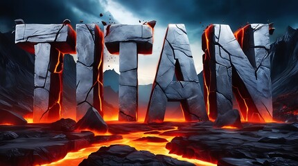 Volcanic landscape with the word TITAN formed by cracked stone, lava flows.
