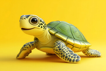 Fototapeta premium A cute, stylized turtle figure on a bright yellow background.