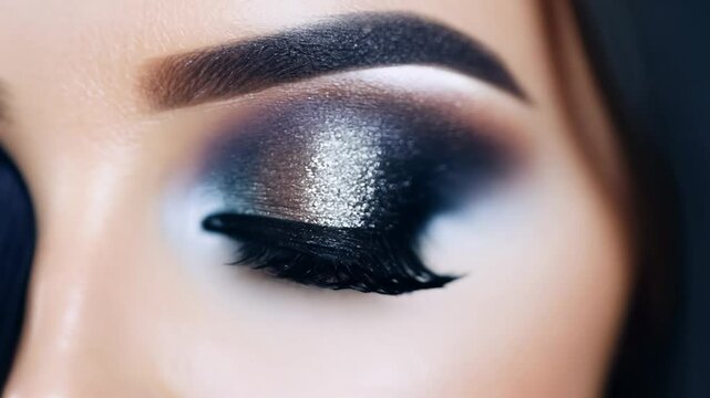 Camera movement and effects: slow pan left. cool ambient lighting. hands creating a smokey eye look. brush blends dark eyeshadow, creating a soft, smokey effect