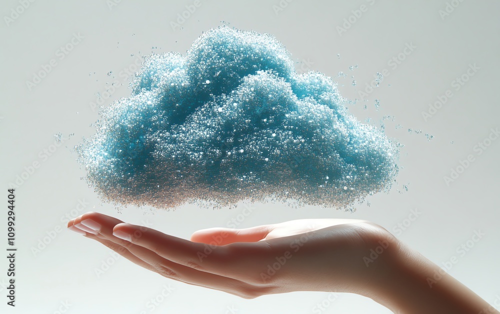 Poster Hand holding holographic cloud symbol with data upload sign, white background, concept of cloud computing and data storage, highdefinition realism