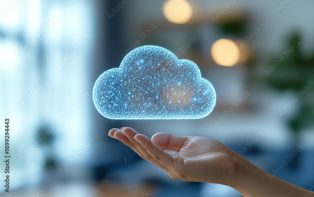 Poster Hand holding holographic cloud symbol with data upload sign, white background, concept of cloud computing and data storage, highdefinition realism
