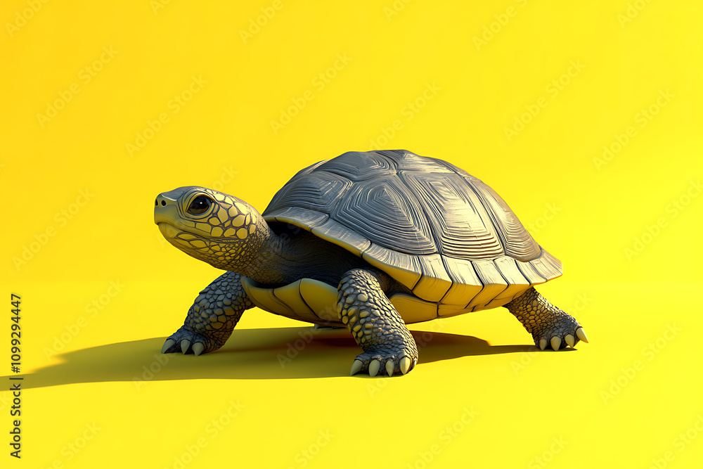 Poster a realistic 3d rendering of a turtle on a bright yellow background.