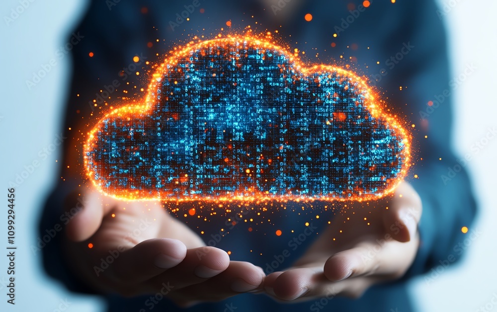 Poster Hand holding holographic cloud symbol with data upload sign, white background, concept of cloud computing and data storage, highdefinition realism