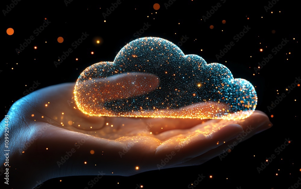 Poster Hand holding holographic cloud symbol with data upload sign, white background, concept of cloud computing and data storage, highdefinition realism