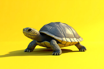 Obraz premium A realistic 3D rendering of a turtle on a bright yellow background.