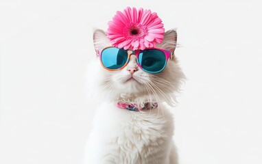 Fototapeta premium A white ragdoll cat wearing colorful sunglasses and a pink flower on its head, isolated on a white background