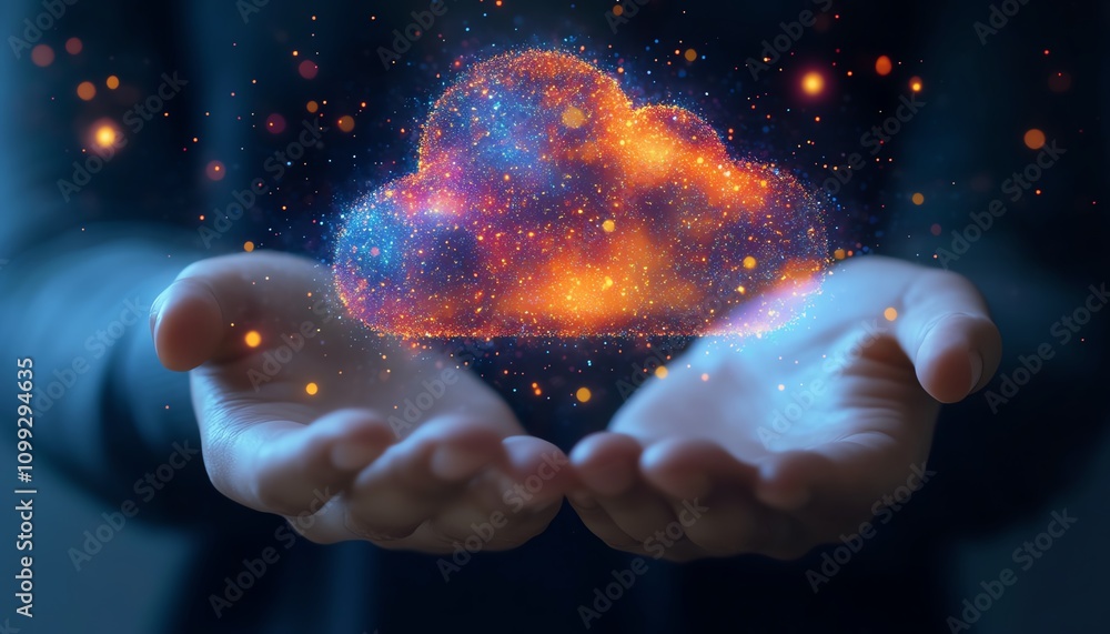 Poster Holographic cloud symbol with data upload icon held by hand, white background, concept of cloud computing and data storage, ultrarealistic textures