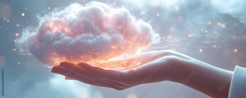 Poster Holographic cloud symbol with data upload sign in hand, white background, concept of cloud computing and data storage, modern technology, highdefinition realism