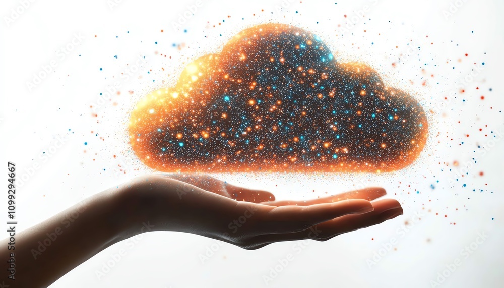 Poster Holographic cloud symbol with data upload icon held by hand, white background, concept of cloud computing and data storage, ultrarealistic textures