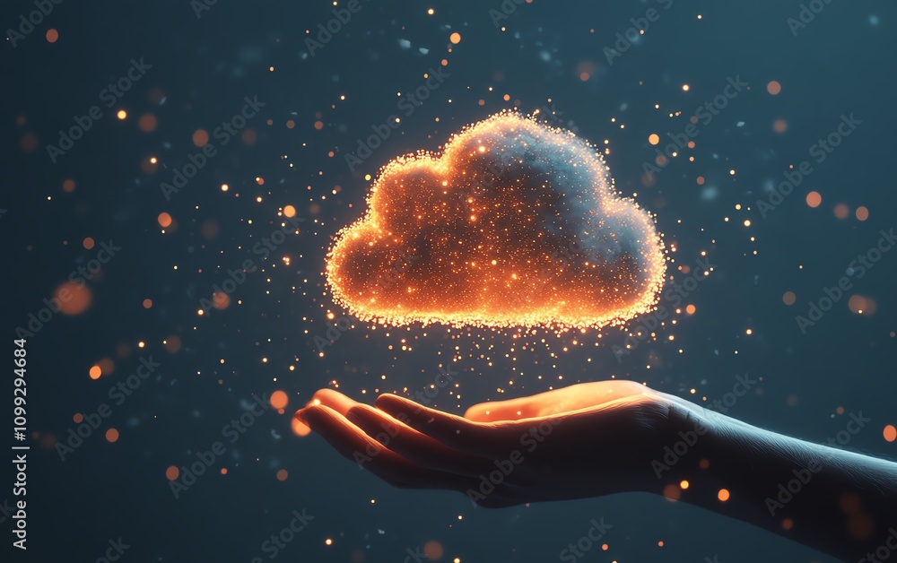 Poster Holographic cloud symbol with data upload icon held by hand, white background, concept of cloud computing and data storage, ultrarealistic textures