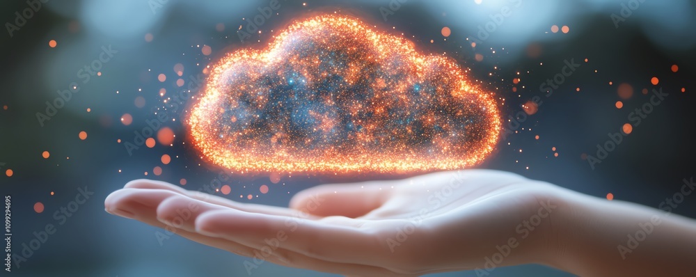 Leinwandbilder Holographic cloud symbol with data upload sign in hand, white background, concept of cloud computing and data storage, modern technology, highdefinition realism