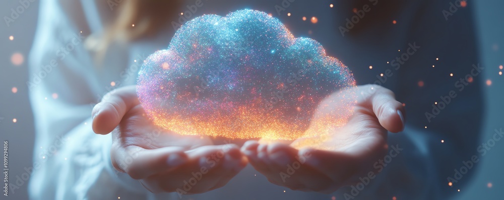 Fototapete Holographic cloud symbol with data upload sign in hand, white background, concept of cloud computing and data storage, modern technology, highdefinition realism