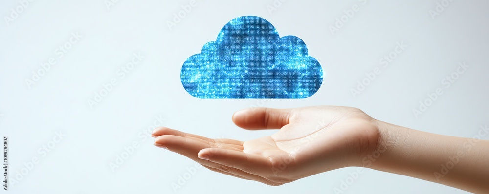 Poster Holographic cloud symbol with data upload sign in hand, white background, concept of cloud computing and data storage, modern technology, highdefinition realism