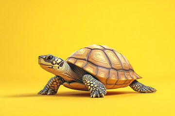 Obraz premium A realistic turtle on a vibrant yellow background, showcasing its detailed shell and features.