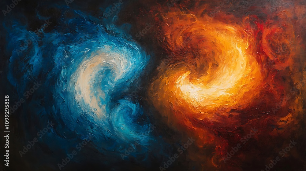 Poster two roaring flames in distinct shapes, twisting and clashing in the middle of a dark void, symbolizi