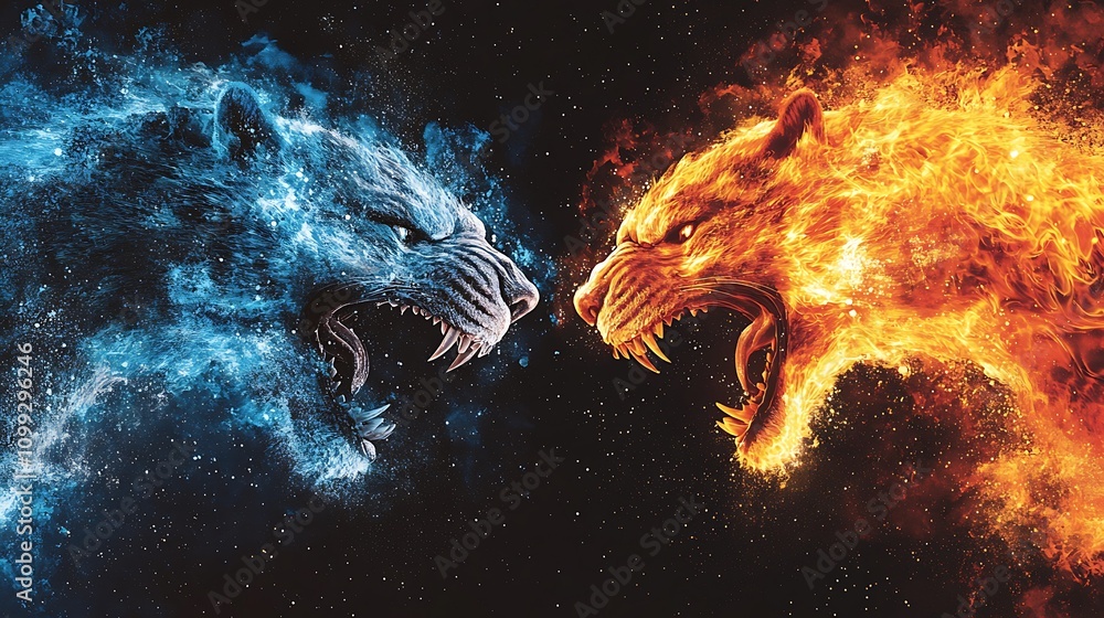 Poster two roaring flames in distinct shapes, twisting and clashing in the middle of a dark void, symbolizi