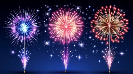 Stunning fireworks display in night sky with vibrant colors and bright bursts illuminating dark blue starry background. Perfect for New Year's celebration, festive event, and copy space for text or de