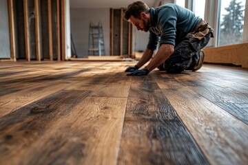 Man installs laminate flooring in a modern home during home renovation project in daylight