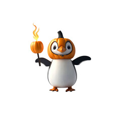 Obraz premium Adorable Penguin in Pumpkin Costume Holding a Flaming Jack-o'-lantern
