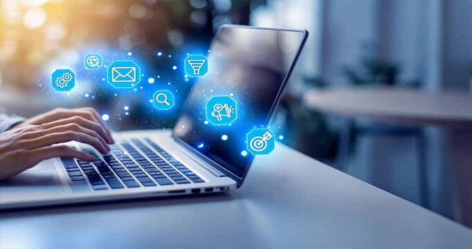 A person typing on a laptop with floating social media icons, illustrating multichannel marketing for digital marketing and conversion strategies