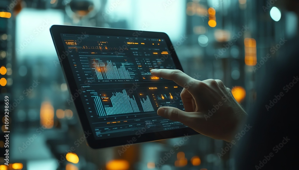 Poster Business professional working with tablet showing financial data charts and floating binary code holograms, modern corporate environment