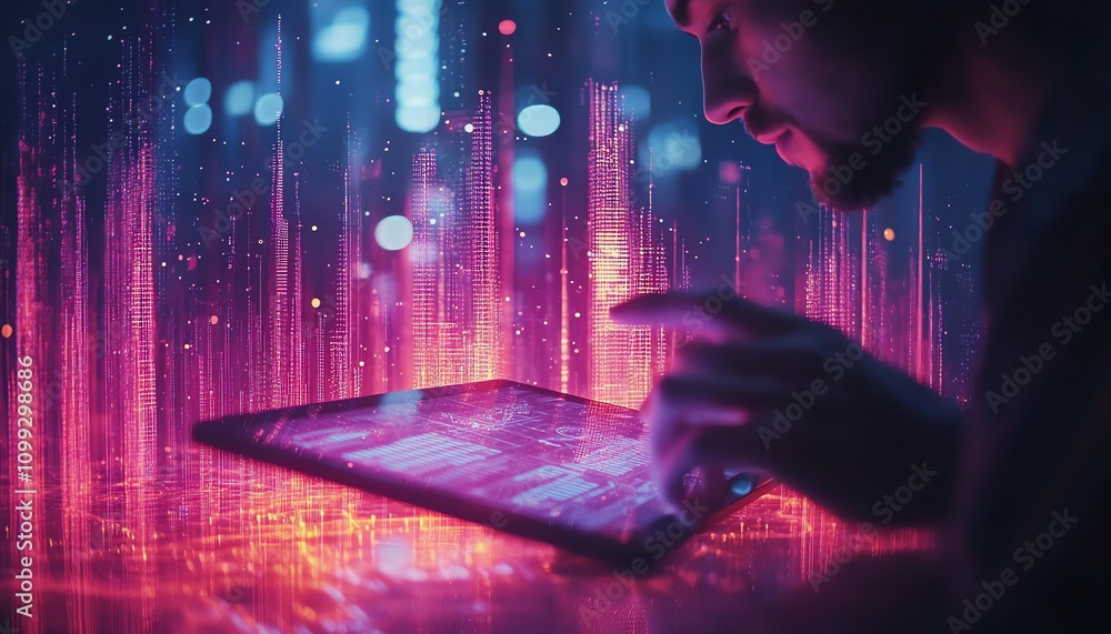 Fototapete Business professional working with tablet showing financial data charts and floating binary code holograms, modern corporate environment