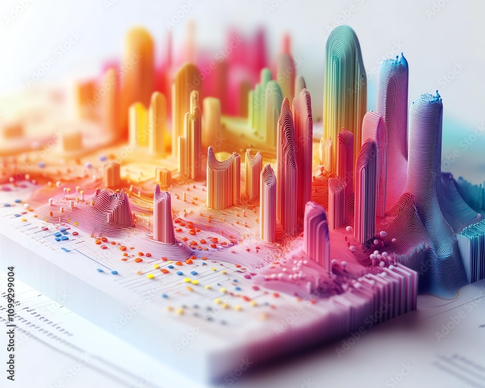 Poster colorful 3drendered data visualization with intricate bar and line graphs, minimalistic white backdr