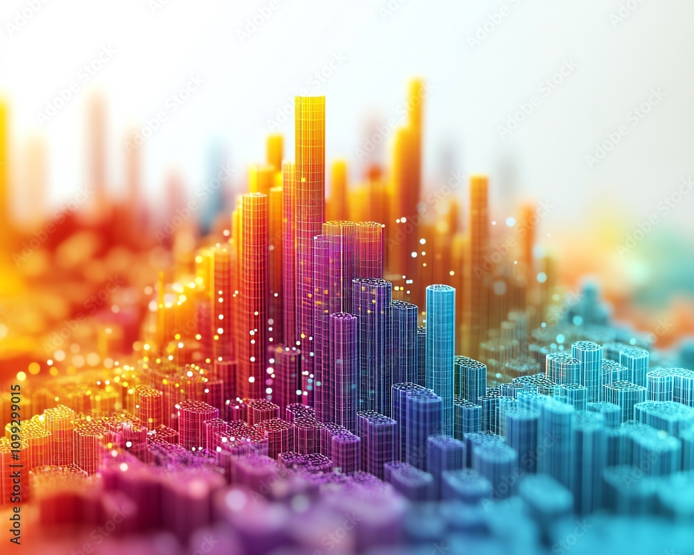 Aufkleber Colorful 3Drendered data visualization with intricate bar and line graphs, minimalistic white backdrop, hightech design