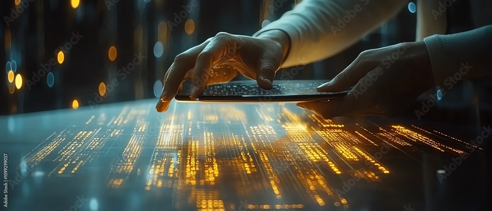Leinwandbilder corporate professional using tablet with financial data and 3d binary code projections, futuristic o