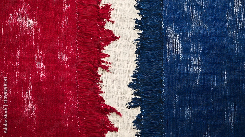 Poster a ripped fabric with opposing colors on either side, frayed edges meeting in the middle, symbolizing