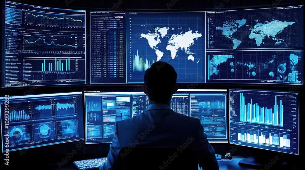 Poster data analyst using computer with dashboard for comprehensive insights