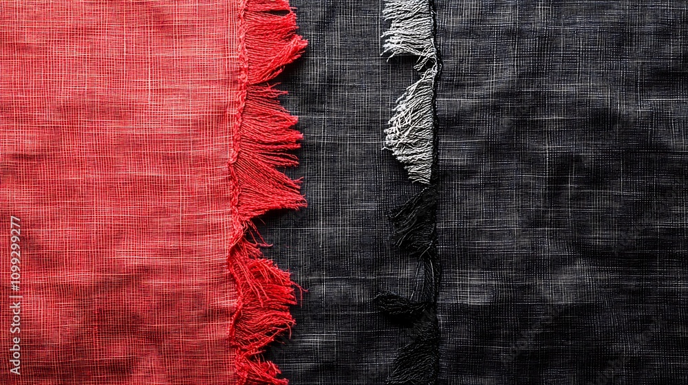 Poster a ripped fabric with opposing colors on either side, frayed edges meeting in the middle, symbolizing