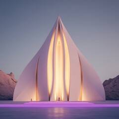 Tower-Like Futuristic Church Illuminated with Purple Light in a Surreal Landscape