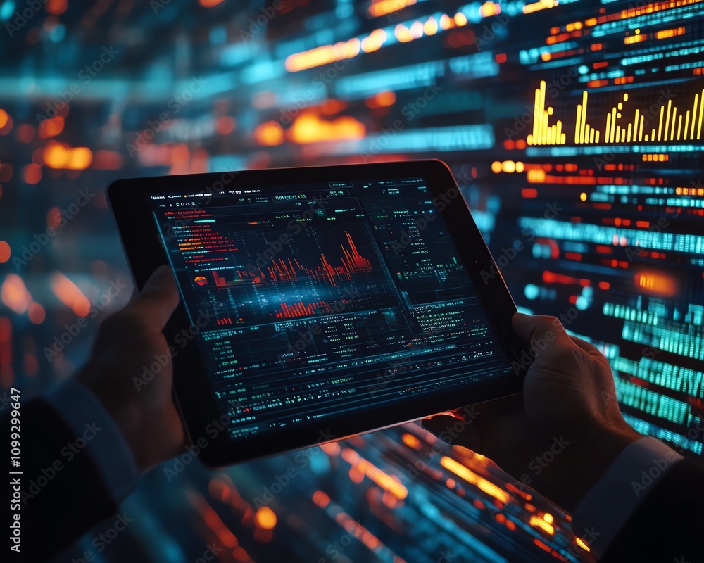 Fototapete Dynamic businessperson holding tablet with 3D financial graphs and holographic binary code, modern office interior, futuristic look