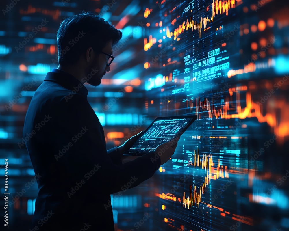 Leinwandbilder dynamic businessperson holding tablet with 3d financial graphs and holographic binary code, modern o