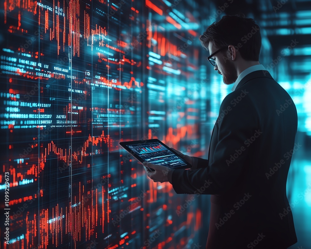 Poster Dynamic businessperson holding tablet with 3D financial graphs and holographic binary code, modern office interior, futuristic look