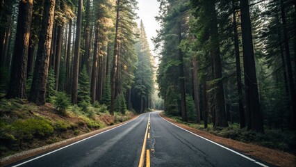 Asphalt road stretching into the forest with tall trees on both sides, asphalt road, road, outdoor, natural scenery, countryside