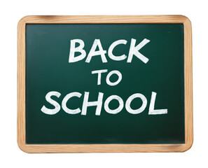 Obraz premium Chalk board with Back To School text, isolated on transparent background.