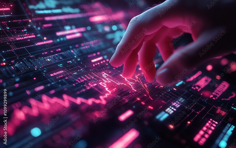 Aufkleber Futuristic hand interacting with live financial data charts and algorithmic lines on a glowing, interactive interface