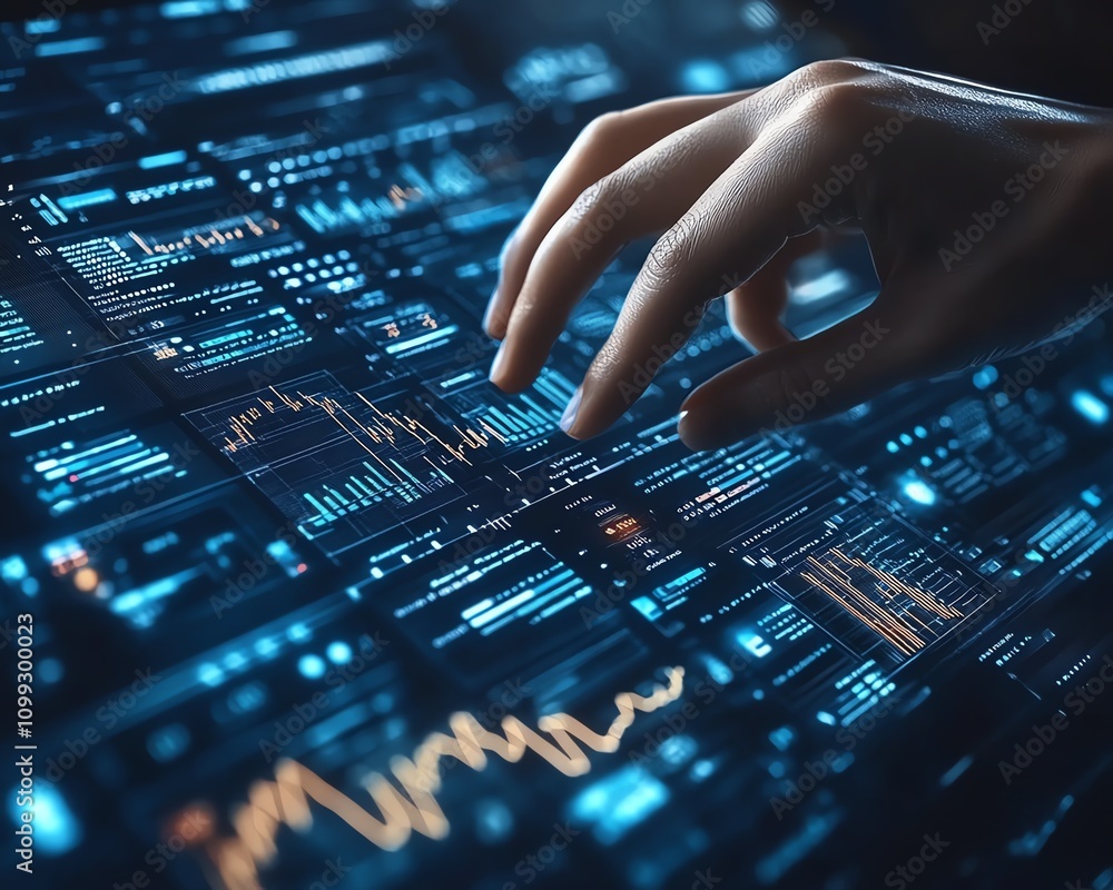 Leinwandbilder Hand controlling digital financial data and complex algorithmic lines, futuristic interface with glowing blue and white tones