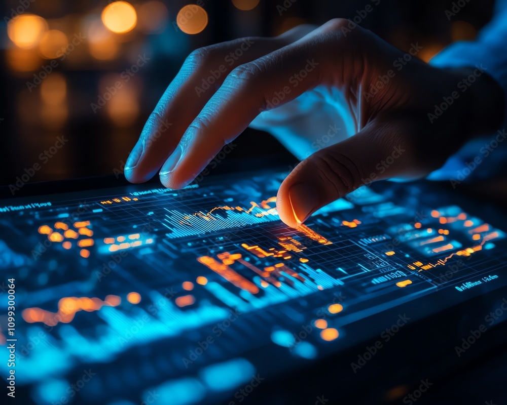 Aufkleber Hand controlling digital financial data and complex algorithmic lines, futuristic interface with glowing blue and white tones