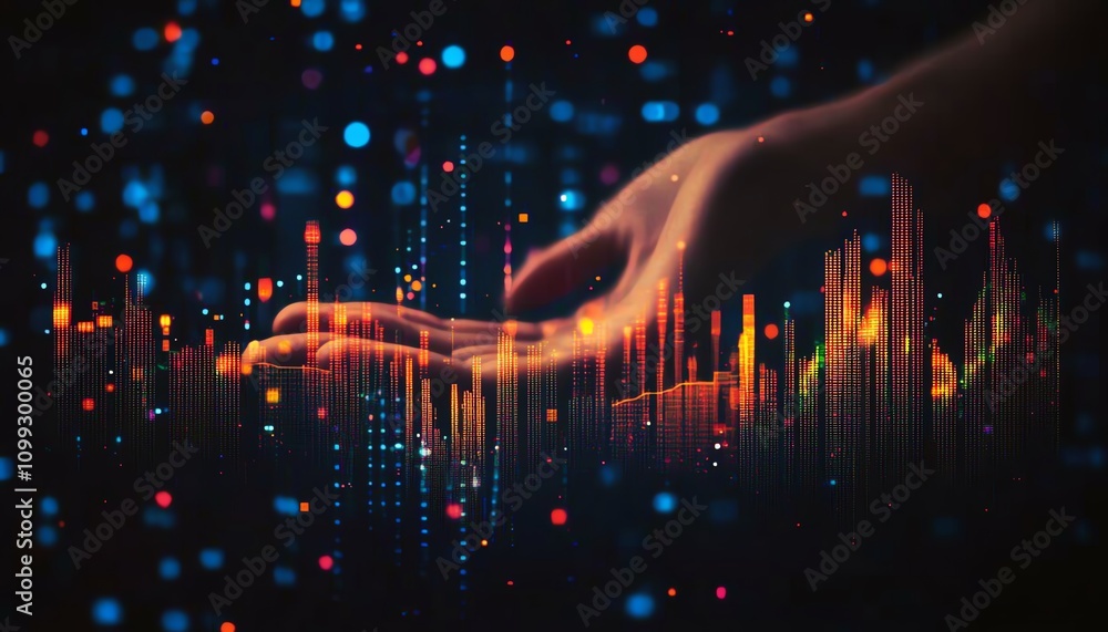 Poster hand gesture over digital interface showcasing financial charts and flowing algorithmic lines, sleek