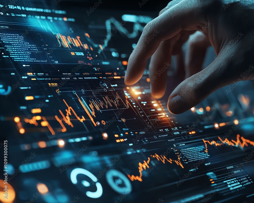 Aufkleber Hand controlling digital financial data and complex algorithmic lines, futuristic interface with glowing blue and white tones