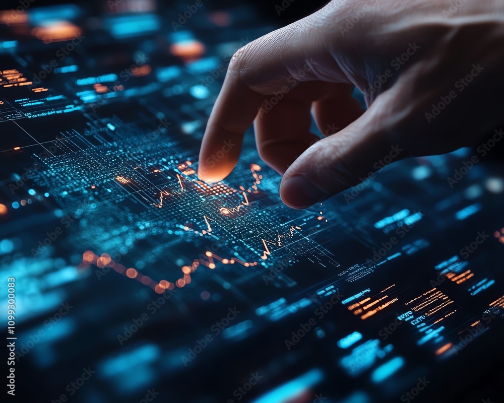 Aufkleber Hand controlling digital financial charts and complex algorithmic lines on a hightech interface, futuristic and sleek design