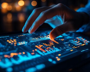 Naklejka premium Hand controlling digital financial data and complex algorithmic lines, futuristic interface with glowing blue and white tones