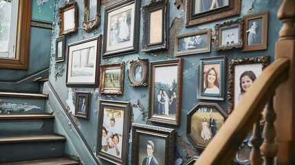 Vintage frames arranged on a staircase wall, highlighting family milestones and cherished memories.