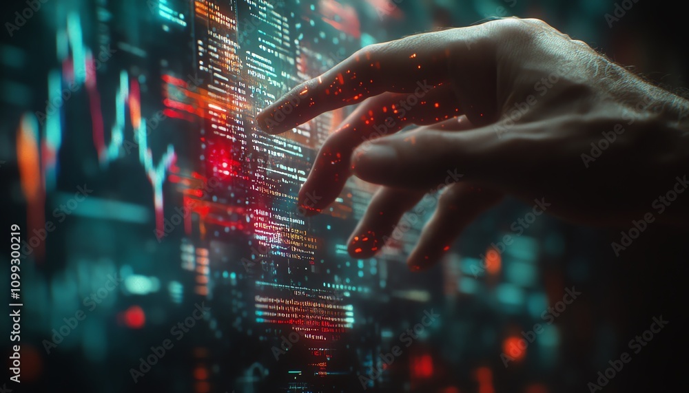 Leinwandbilder hand manipulating digital financial charts and algorithmic lines on a holographic interface, advance